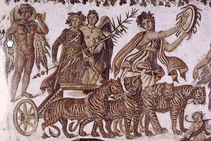 The god Bacchus at triumphal chariot, Roman mosaic in Tunesia
